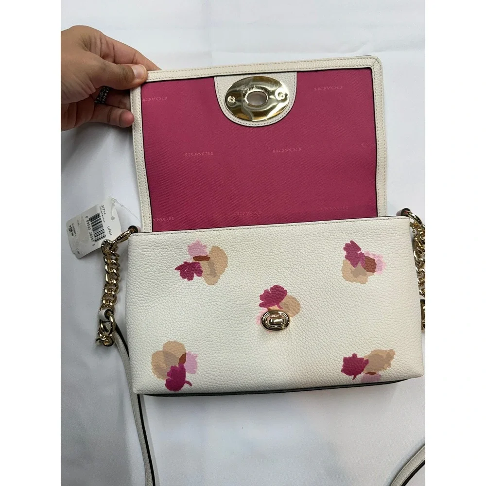 COACH New $250 Womens Leather White Pink Gold Fold Over 9x6.25x1.5 Crossbody Bag